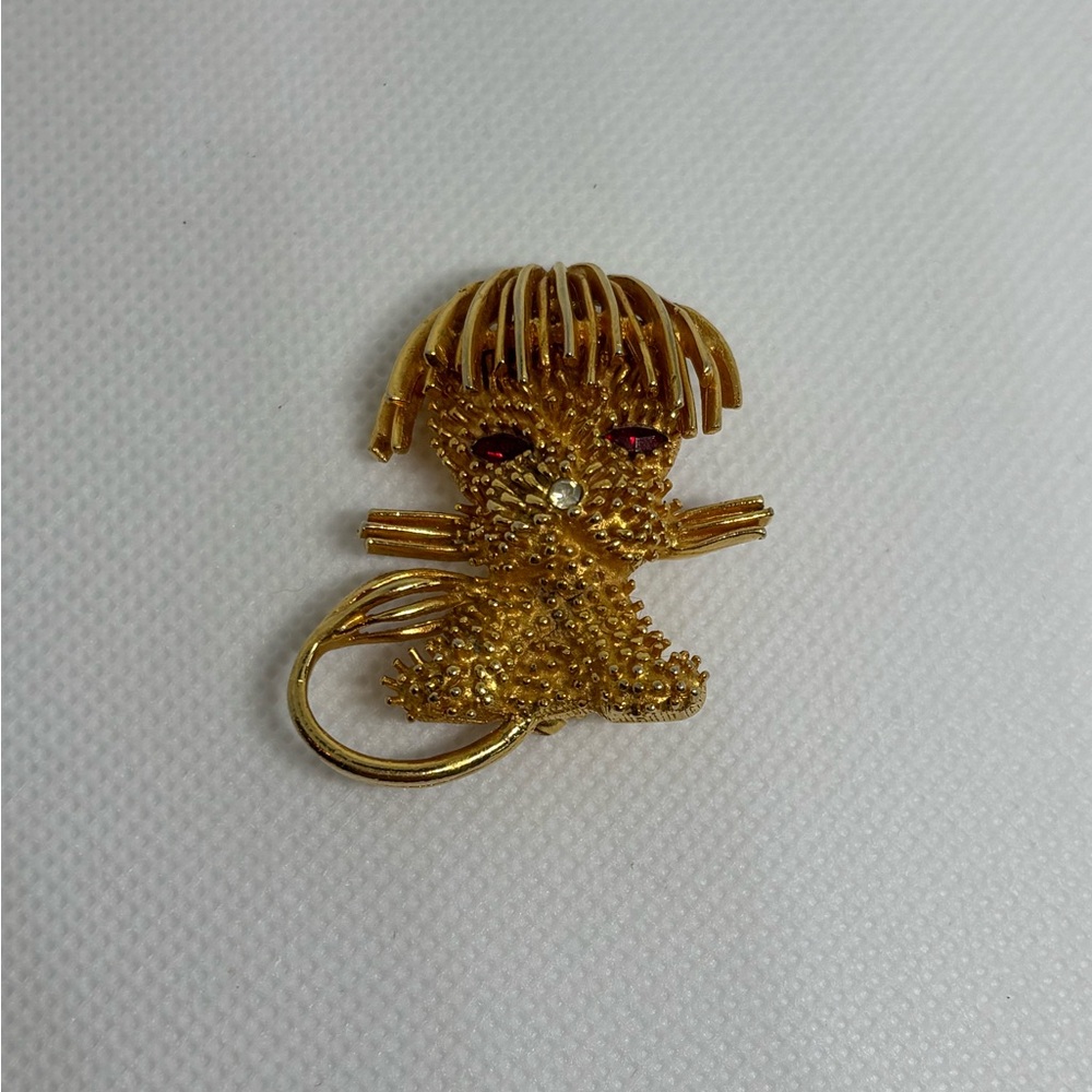 Vintage Signed Jeanne Cat Brooch Pin Faux Ruby Eyes & Clear Crystal Nose